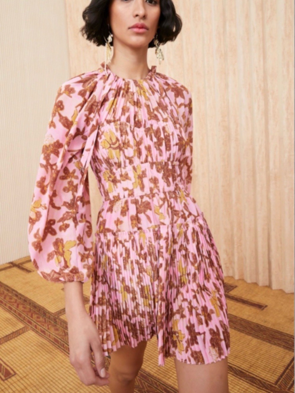 Ulla Johnson 100% silk Pink Floral Long Sleeve Pleated Dress
